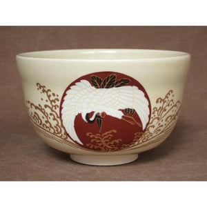 Handcrafted Crane & Rising Sun Matcha Cup, authentic Japanese ceramic, perfect for tea ceremonies