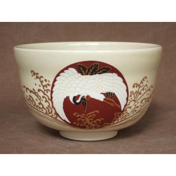 Handcrafted Crane & Rising Sun Matcha Cup, authentic Japanese ceramic, perfect for tea ceremonies