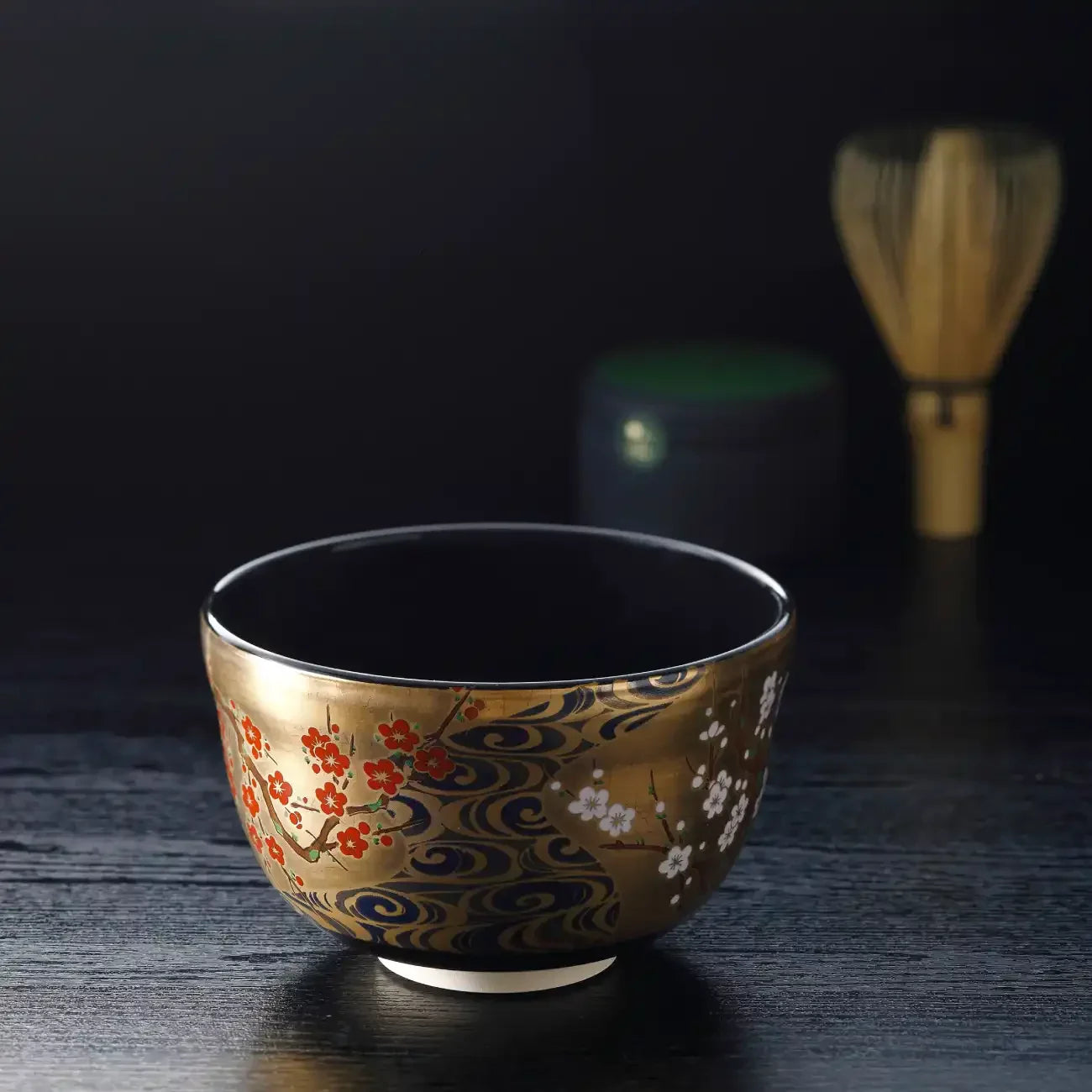 Ceramic Handmade Chawan Gold Plum Blossom Tea Cup Bowl, unique floral detail, designed for tea lovers