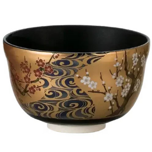 Japanese Handmade Chawan Gold Plum Blossom Bowl, featuring gold floral pattern, crafted for mindful tea enjoyment