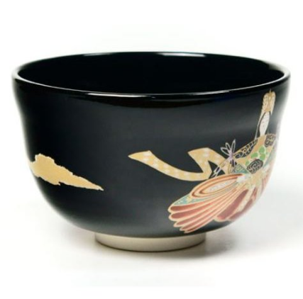 Top view of black chawan cup, showing wide rim for whisking