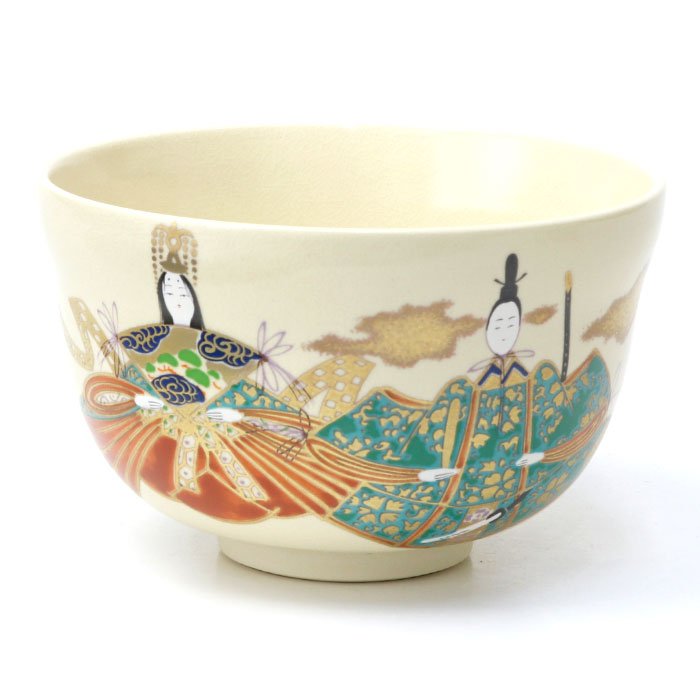 Handmade Chawan White Ningyo Doll Matcha Cup showing full bowl and doll motif