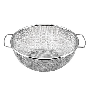Close-up of Stainless Steel Colander With Handles Mesh #16, featuring fine mesh for small grains