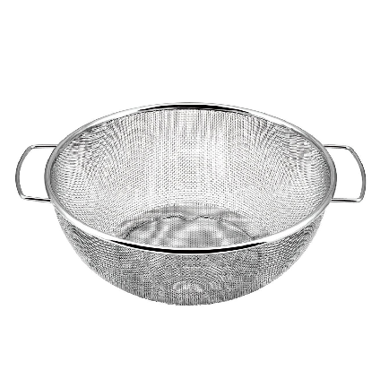 Close-up of Stainless Steel Colander With Handles Mesh #16, featuring fine mesh for small grains
