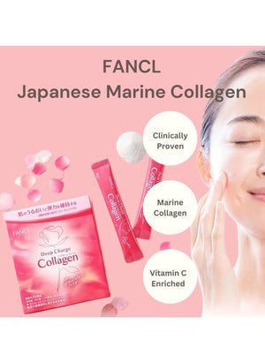 90 Days FANCL Deep Charge Collagen Powder with sachets, offering hydration for radiant skin