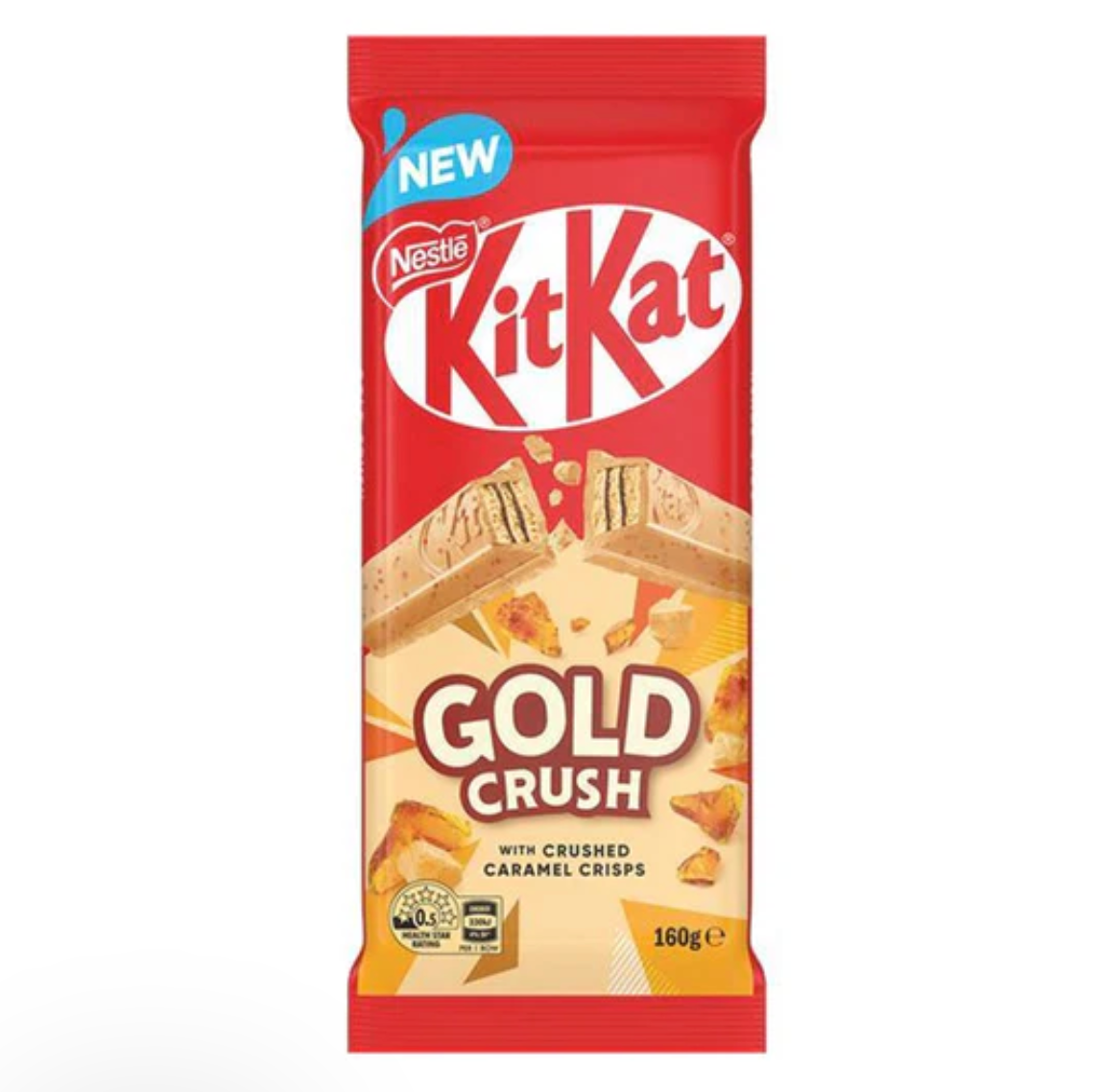 Close-up of KitKat Gold Crush Chocolate Bar 45 g, caramel crisp pieces highlighting texture