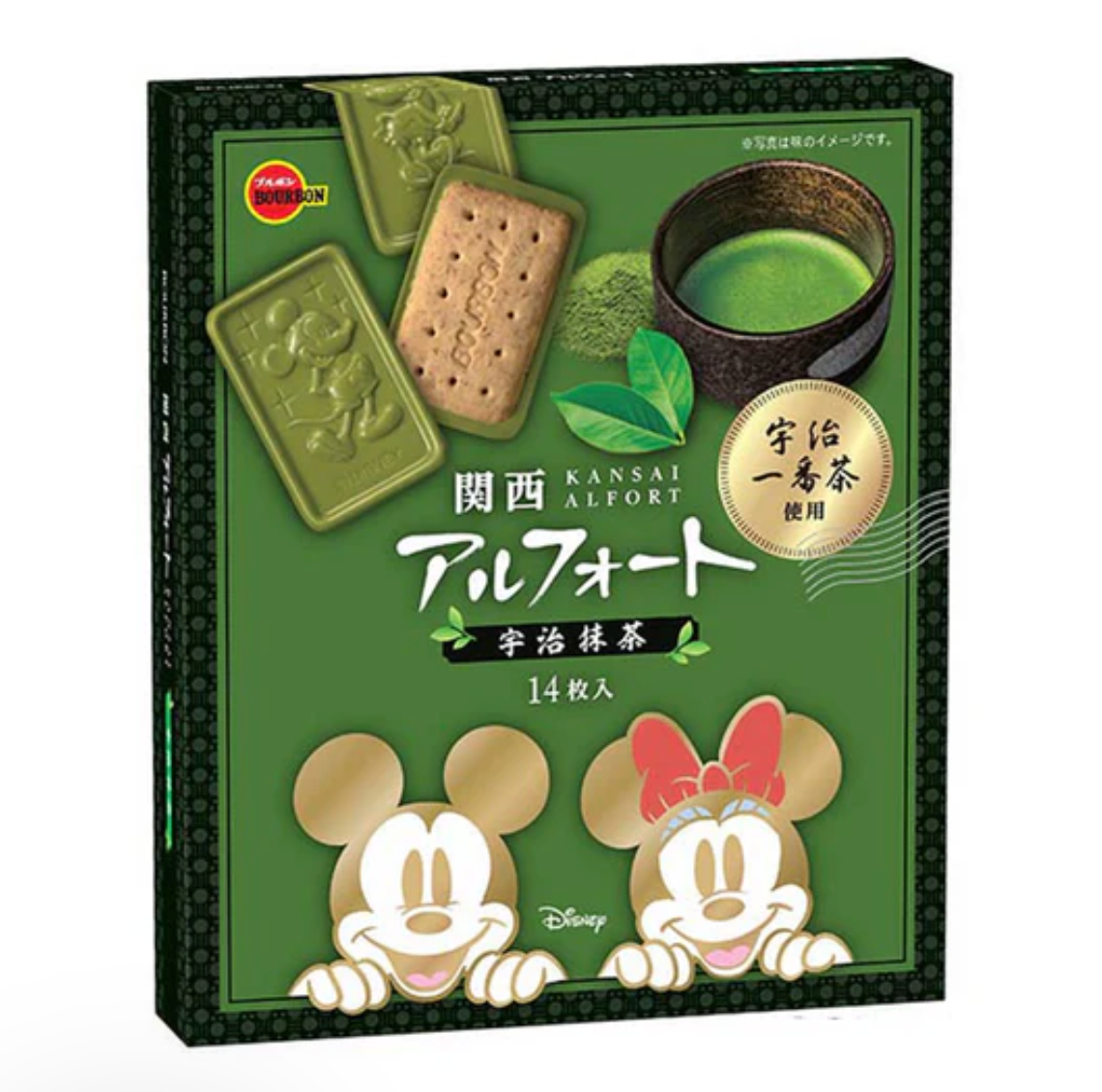 Bourbon Alfort Kansai Disney Uji Matcha, biscuit topped with Disney-molded matcha chocolate, ideal snack