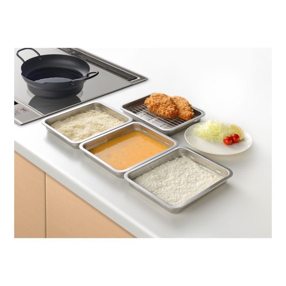 Stainless steel Enzo Breading Trays & Draining Tray with lid, designed for easy breading and oil draining