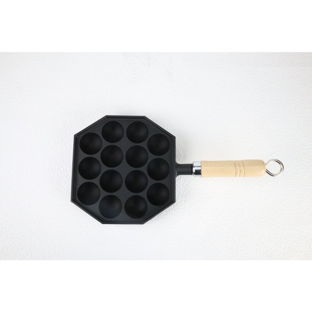 Iwachu Cast Iron Induction Takoyaki Frying Pan 14-Ball Capacity, 20cm, ideal for making Japanese-style takoyaki at home.