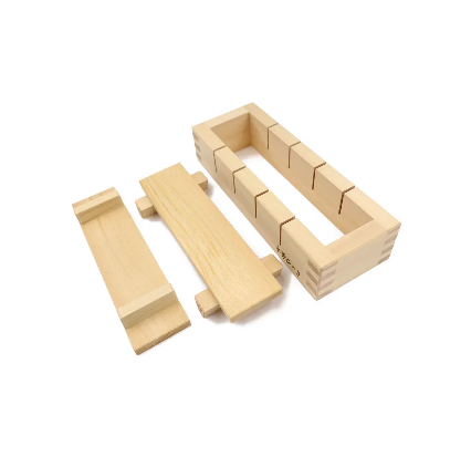 Wooden Kiya Kiso Hinoki Oshizushi Mold showing natural cypress grain, offering support for home sushi lovers