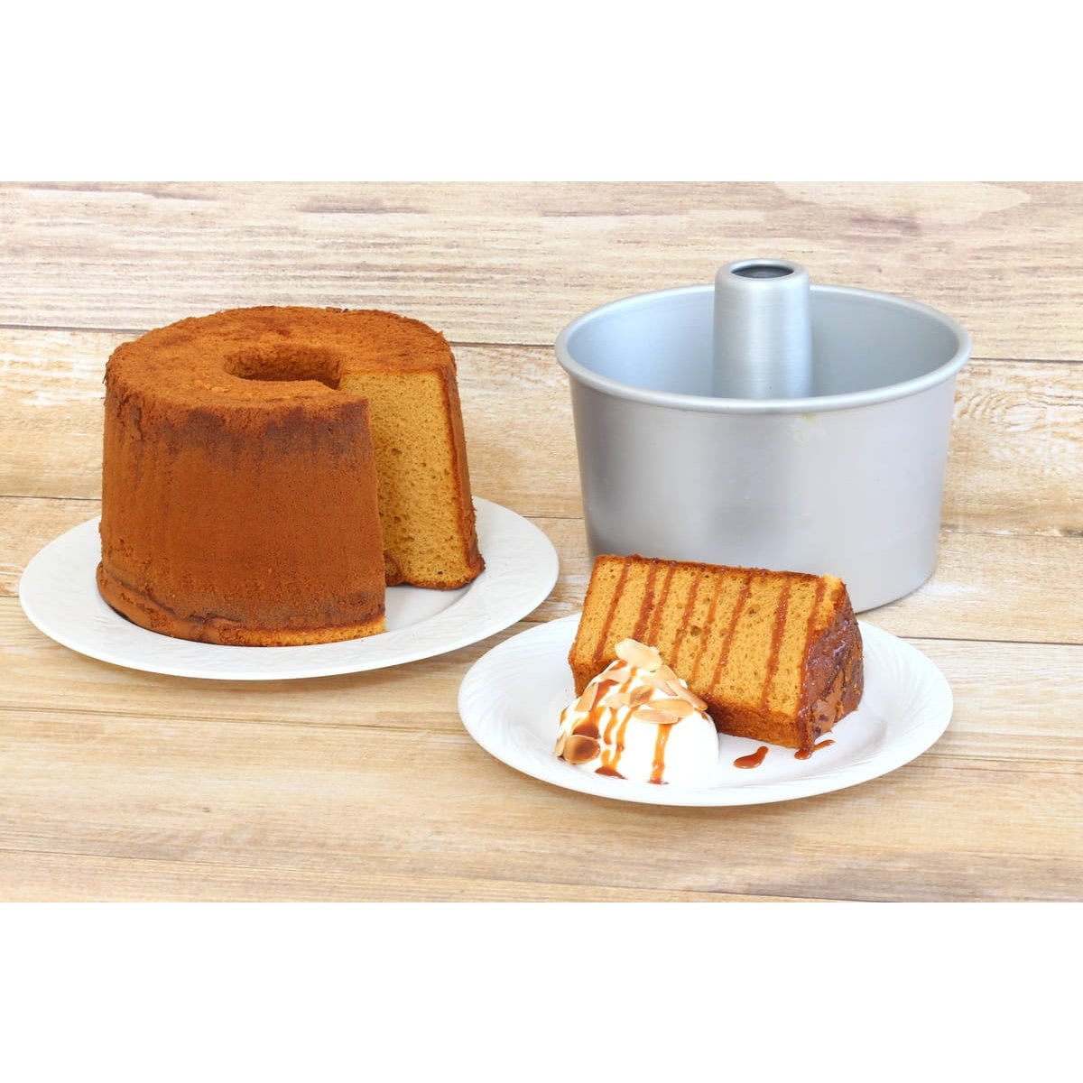 Close-up of Matsunaga Aluminum Professional Chiffon Cake Mold 17cm, smooth aluminum surface for even baking