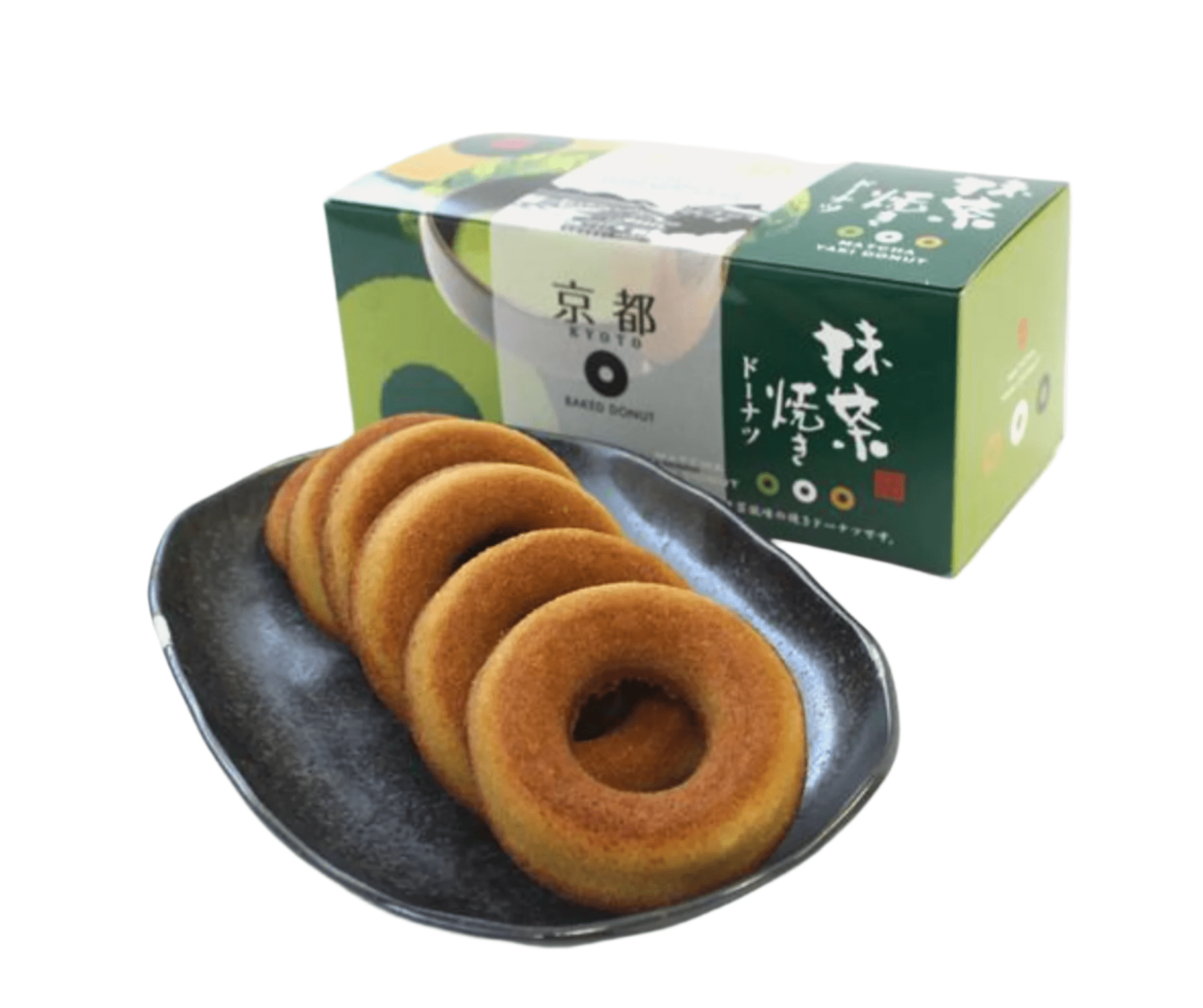 Six individually wrapped matcha donuts from Naniwaya displayed on tray