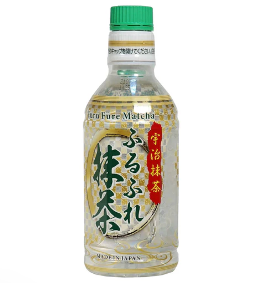 Authentic Uji Matcha Furufure 340 mL drink poured into glass, vivid green

