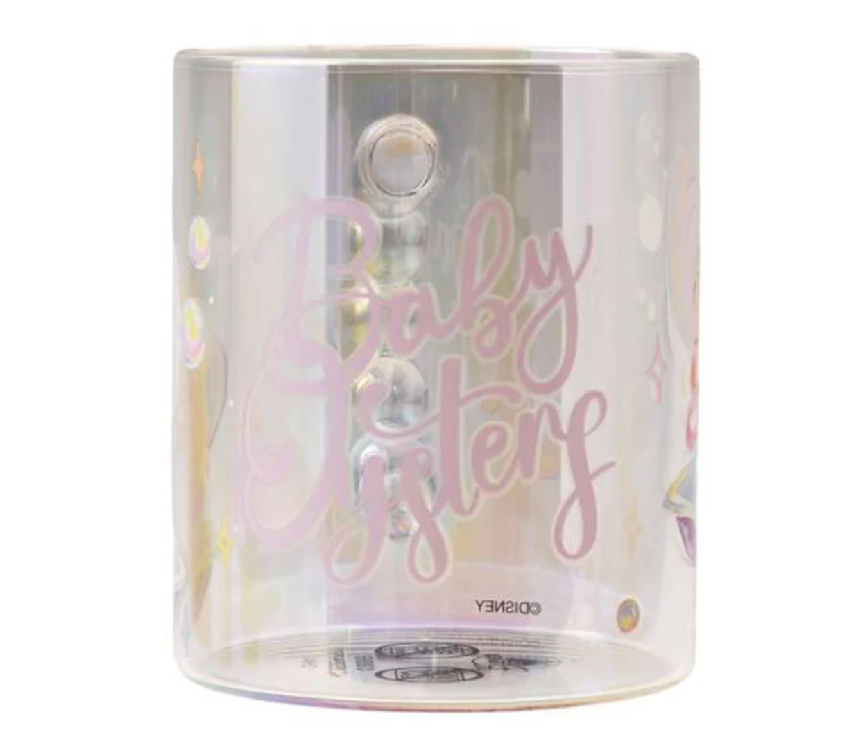 Close‑up of Disney Young Oyster glass mug, showcasing the pearl‑style handle and holographic finish.