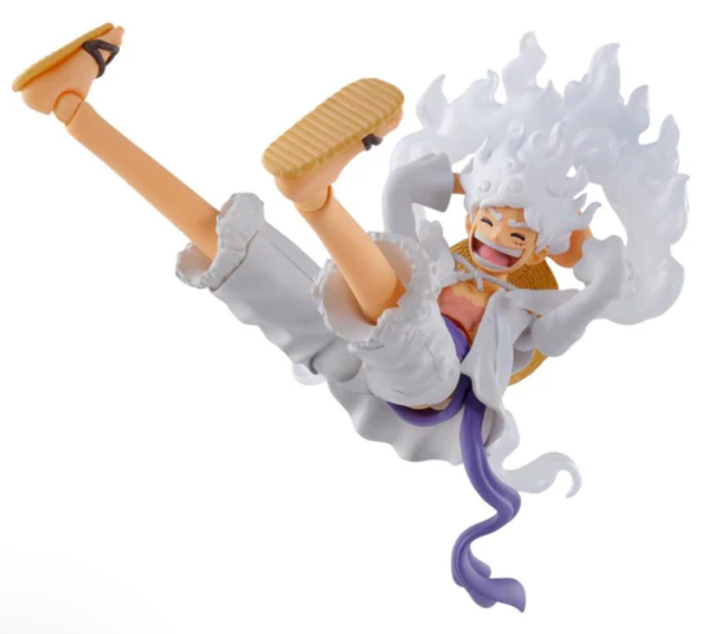 Monkey D. Luffy Gear 5 with elongated rubber arms and lightning effect (captures stretch action).