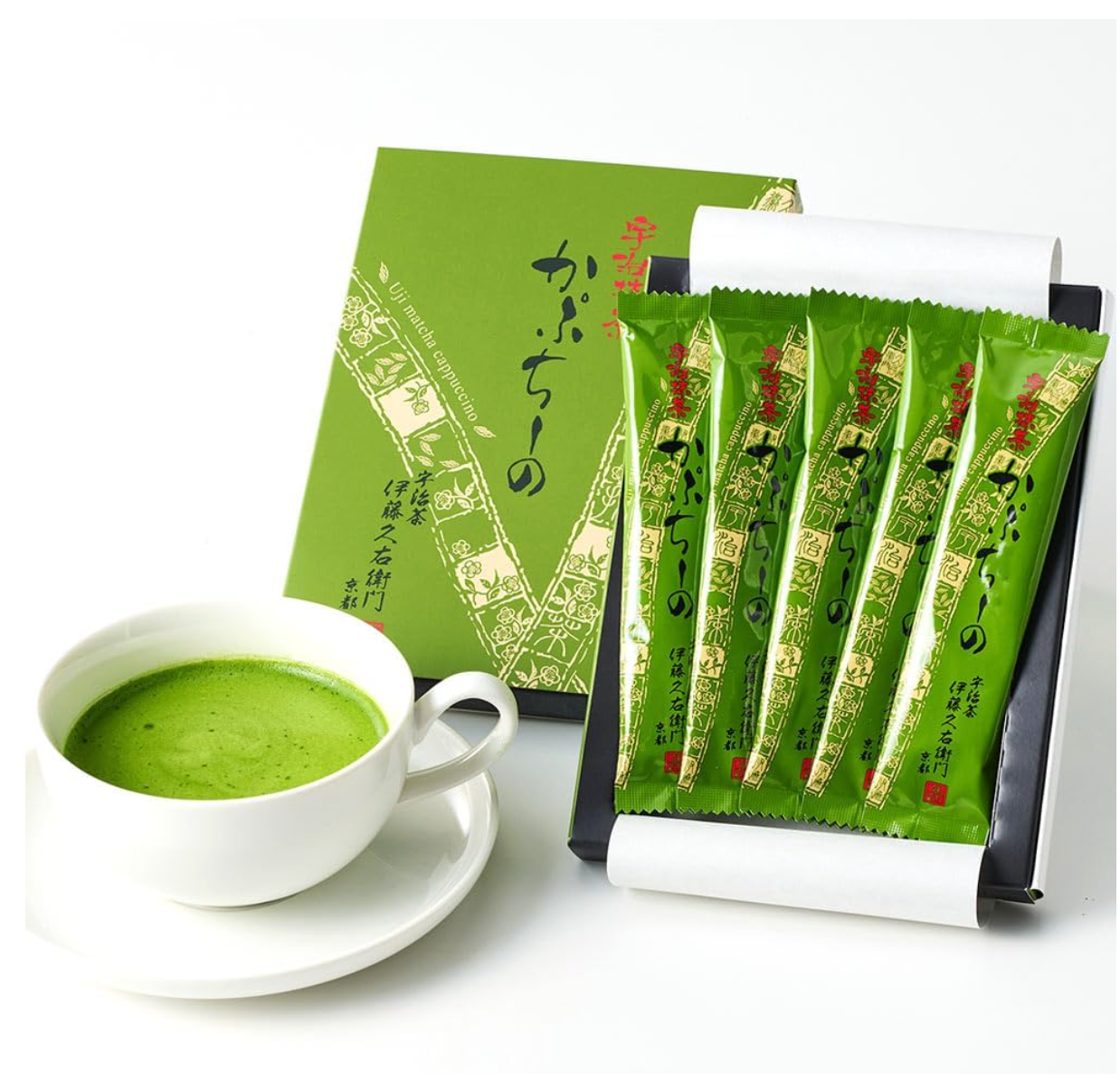 Ito Kyuemon Uji Matcha Cappuccino, 12g x 5 sticks, foaming powder, ideal for instant matcha latte