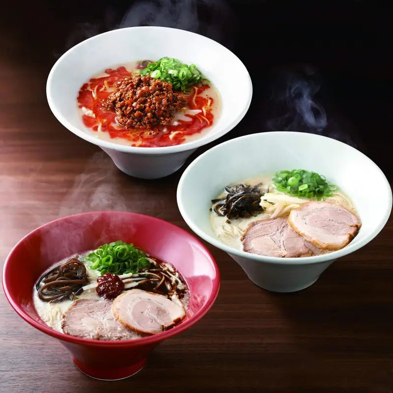 3-serving Ippudo Souvenir Ramen 3 Types Set (White x 1 Red x 1 Karaka x 1) with toppings, offering restaurant-quality taste at home