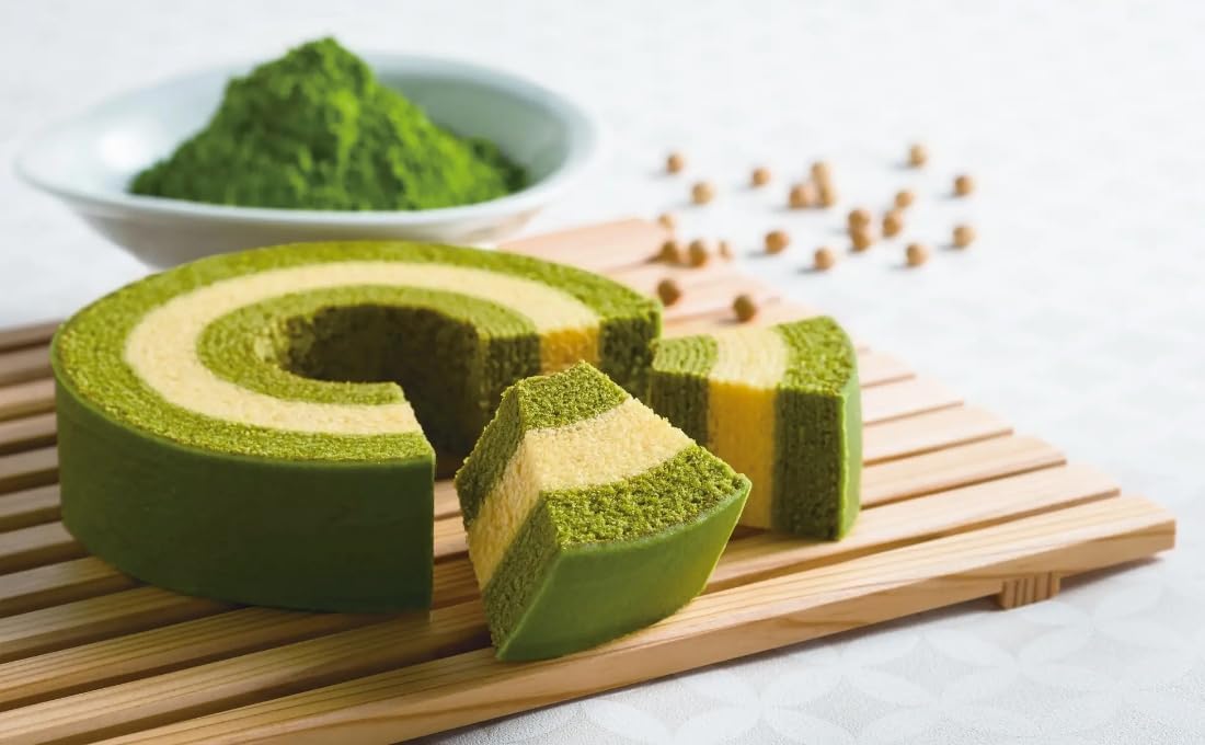 Close-up of Kyo-Sama 3.5cm Thick Kyoto Matcha and Soy Milk Baumkuchen, 300g, featuring soy milk creaminess for smooth texture