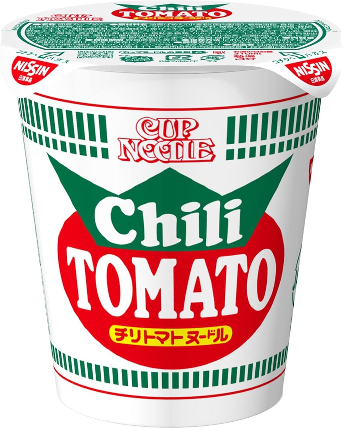 Pack of 3 Nissin Cup Noodle Chili Tomato Cup Noodles with green beans and corn, offering convenient preparation for busy days