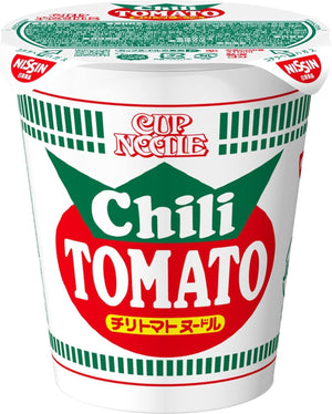 Pack of 3 Nissin Cup Noodle Chili Tomato Cup Noodles with green beans and corn, offering convenient preparation for busy days