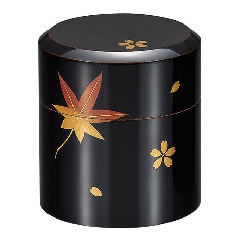 Isuke Lacquered Tea Caddy Maple & Cherry Blossom Canister, handcrafted in Japan, ideal for tea storage