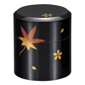 Isuke Lacquered Tea Caddy Maple & Cherry Blossom Canister, traditional Japanese lacquerware, ideal for kitchen display