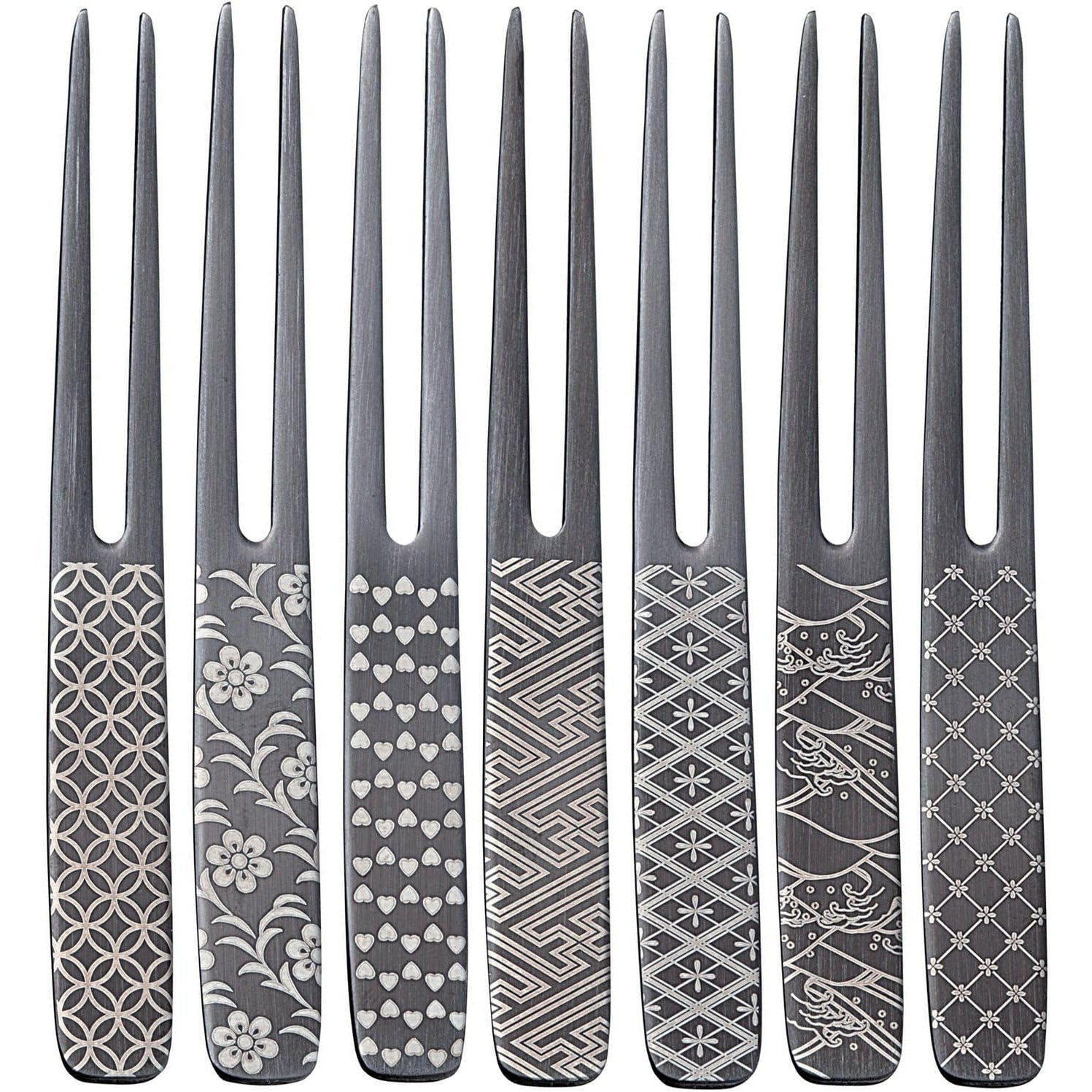 Todai Japanese Black Oxide Steel Wagashi Pick Fork 7 Piece Set, elegant utensil, ideal for wagashi and desserts
