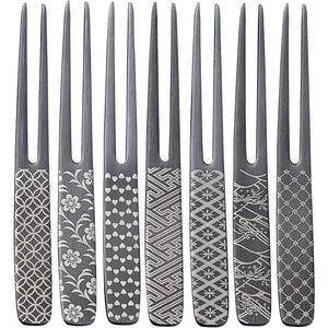 Todai Japanese Black Oxide Steel Wagashi Pick Fork 7 Piece Set, elegant utensil, ideal for wagashi and desserts