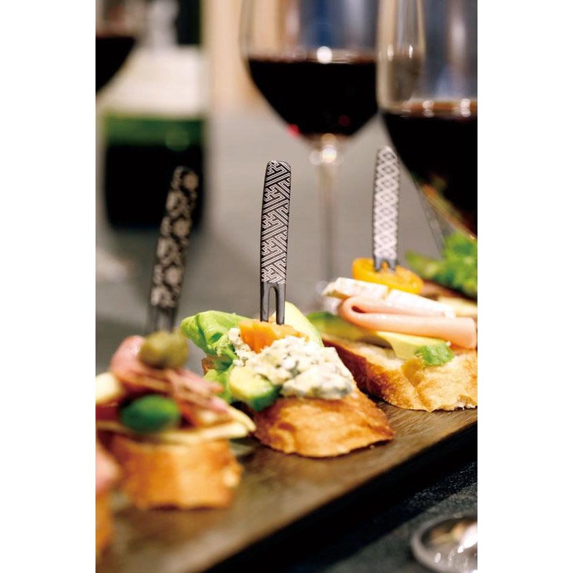 Close-up of Todai Japanese Black Oxide Wagashi Fork, showcasing matte black finish and fine detail