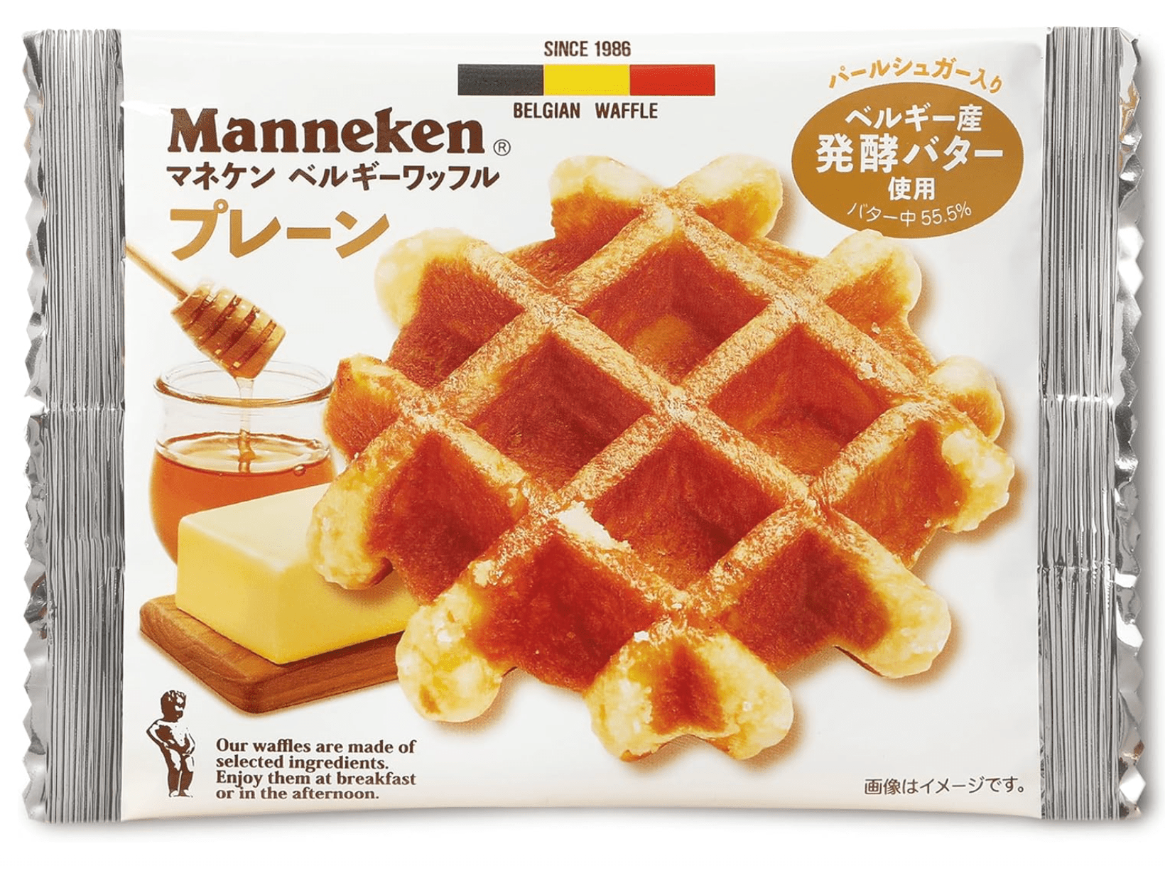 Close-up of Manneken Belgian Plain Waffle, highlighting its golden-baked surface