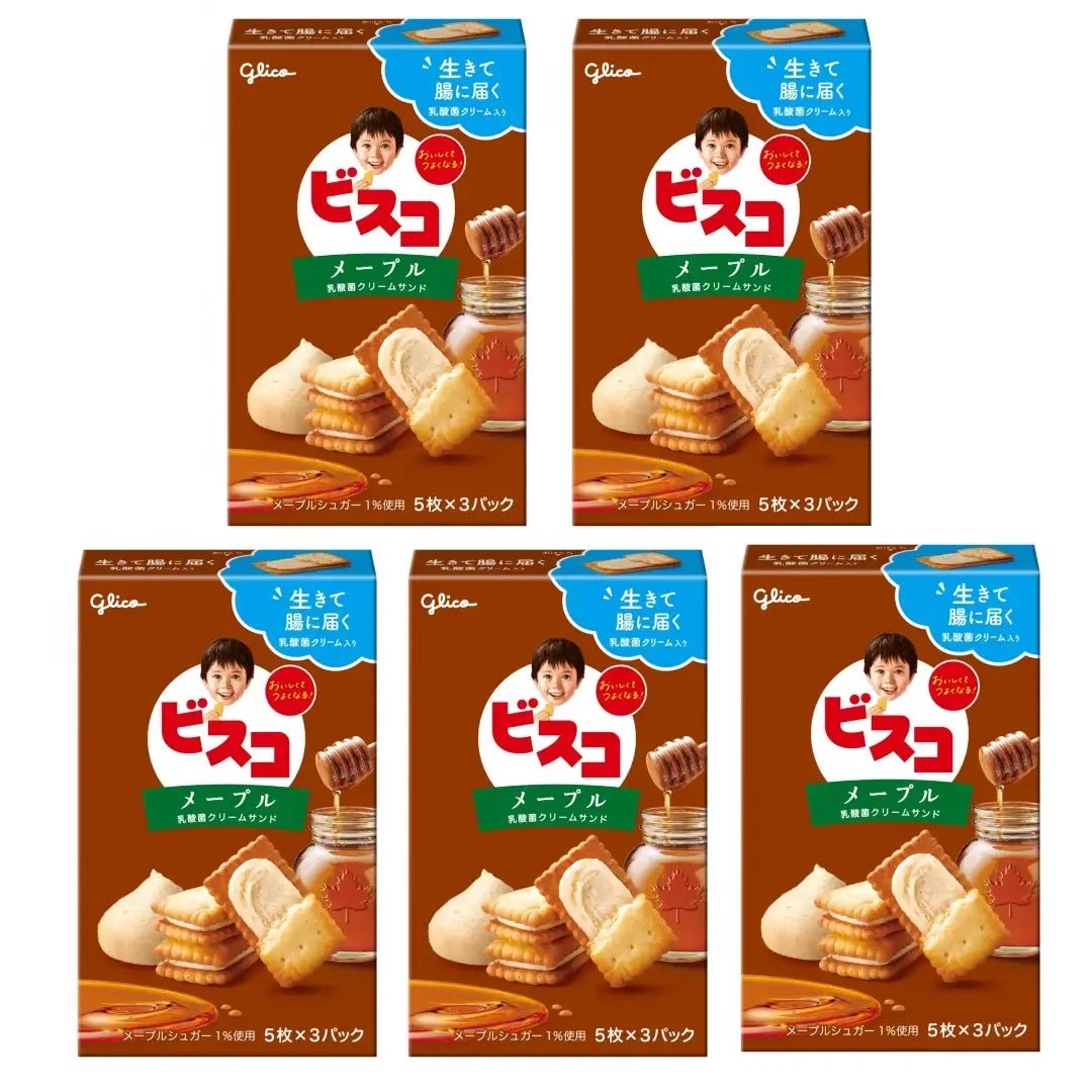 Glico Bisco Maple Syrup Flavored Cream Sandwich Biscuits 15 Pieces (Pack of 5)