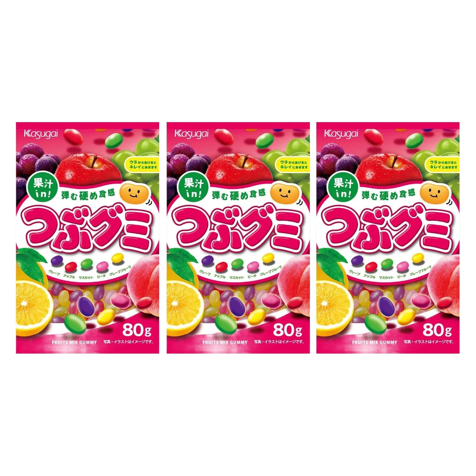 80g Kasugai Tsubu Gummy Mixed Fruit Flavor Gummies (Pack of 3), juice-infused flavors, designed for candy enthusiasts