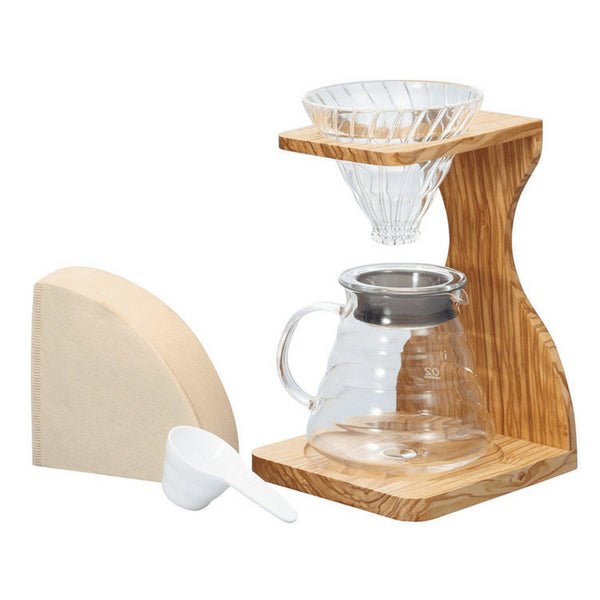 Hario V60 Olive Wood Stand & Heat Resistant Glass Coffee Server 02 Set