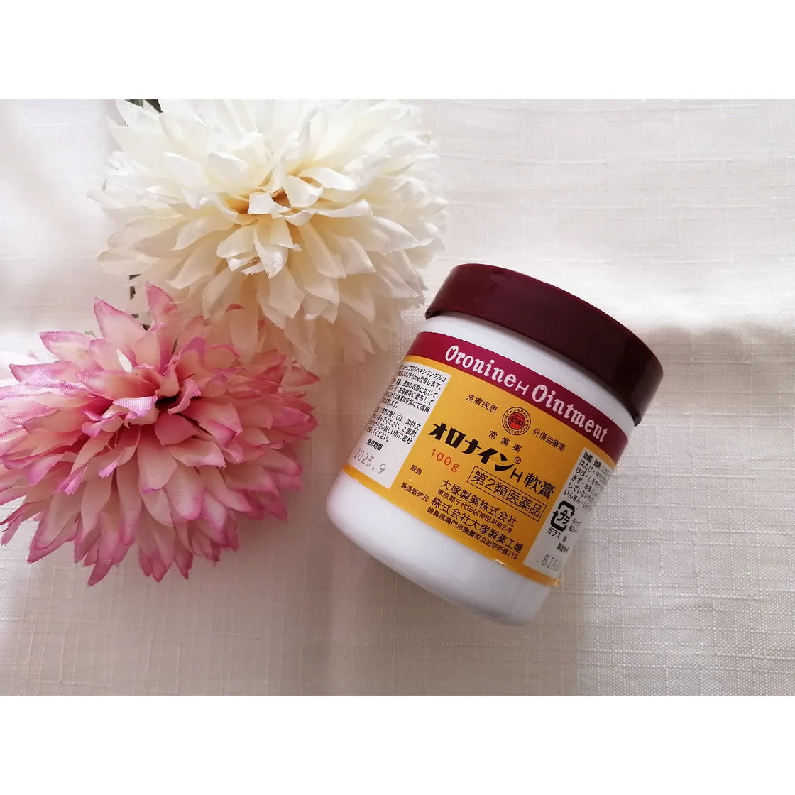 Close-up of Otsuka Oronine H Ointment, 100g, featuring antibacterial support for skin comfort