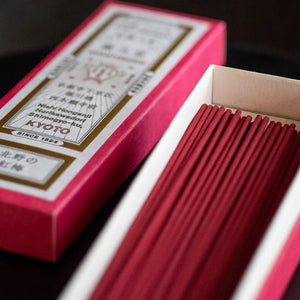 Close-up of Kungyokudo Japanese Incense Kitano's Red Plum Blossoms, 60 Sticks, featuring natural ingredients for mindfulness