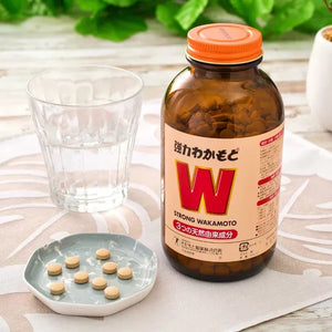 Close-up of Wakamoto Strong Wakamoto 1000 Tablets, natural formula for gut health