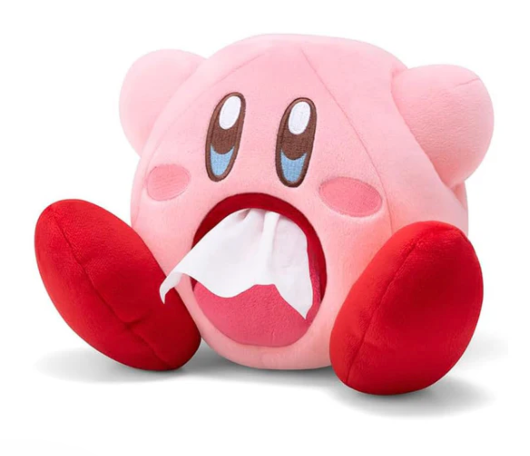 “Nintendo Kirby Plush Tissue Dispenser front view in pink plush cover”