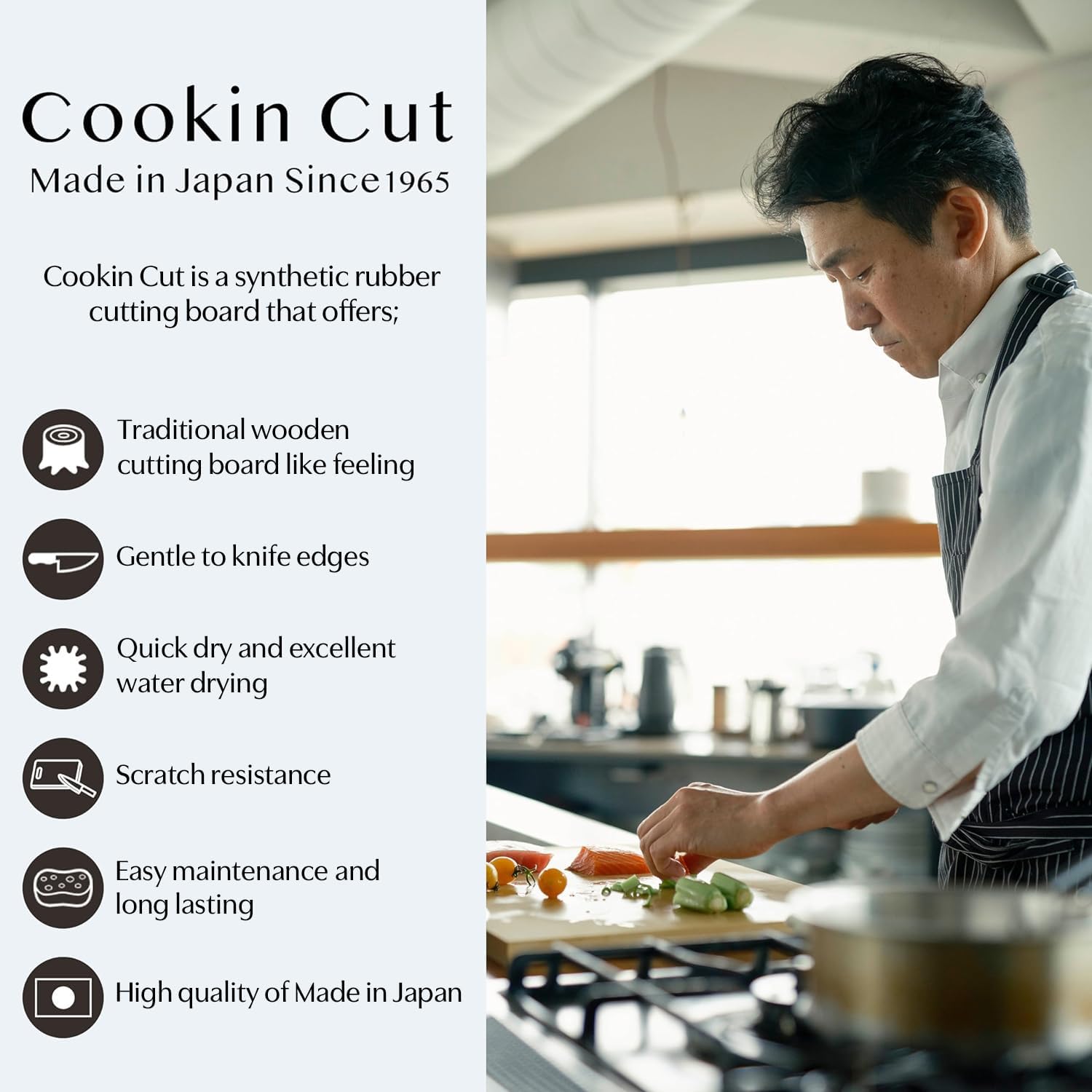 Close-up of Asahi Cookin' Cut Japan Rubber Cutting Board, 380x210x13mm, featuring synthetic rubber for durability