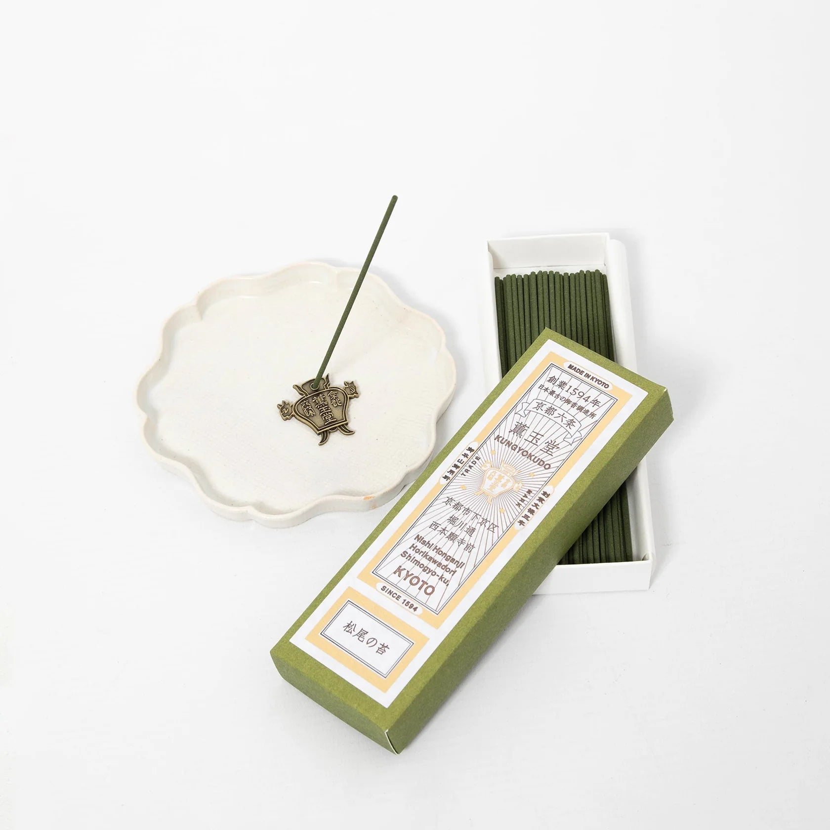 Close-up of Kungyokudo Japanese Incense Matsuo no Moss, 60 Sticks, featuring elegant packaging for gifting