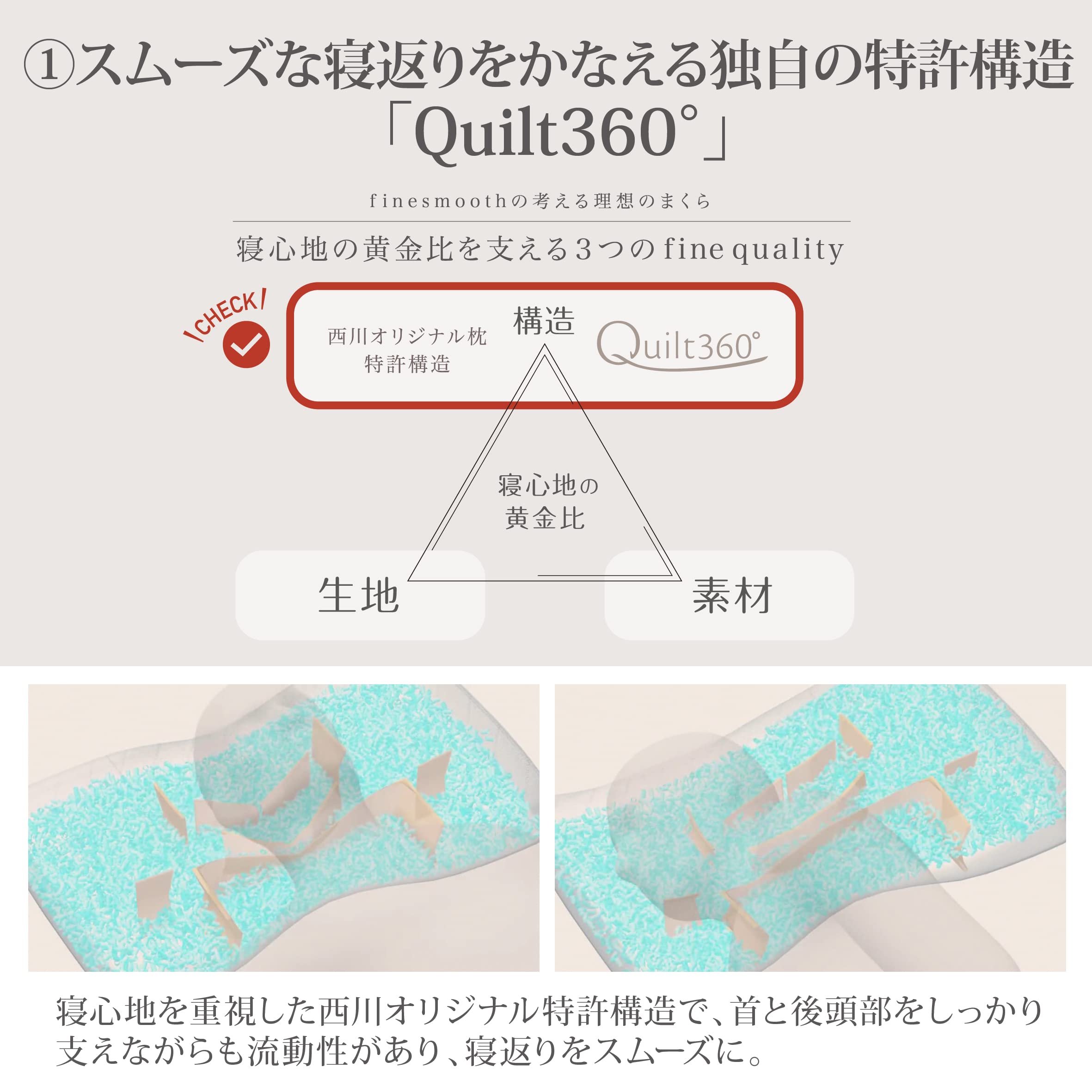 Close-up of Nishikawa Fine Smooth Pillow - Japan, 70x43cm, featuring breathable elastomer for comfort