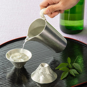 Nousaku Hand-Crafted Cast Tinware Mount Fuji Cold Sake Guinomi Cup in 60ML, thermal conductivity, perfect for chilled sake