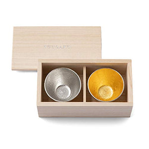 Teshigoto Club Set Of 2 Sake Cups Wrapped In Nousaku Japanese Paper Tin & Gold In Paulownia Box - Japan, standard size, handcrafted tin, ideal for sake ceremonies