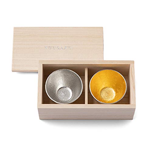 Teshigoto Club Set Of 2 Sake Cups Wrapped In Nousaku Japanese Paper Tin & Gold In Paulownia Box - Japan, standard size, handcrafted tin, ideal for sake ceremonies