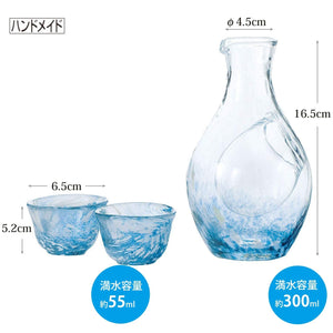 Close-up of Toyo Sasaki Glass Cold Sake Set Japan Blue Carafe 300ml 55ml 3-Pack, featuring blue-swirled glass for elegant presentation