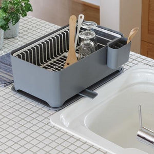 Wahei Freiz Compact Multi-Functional Dish Drainer Dish Drying Rack in extended setup, drainage port, perfect for sink-side drying