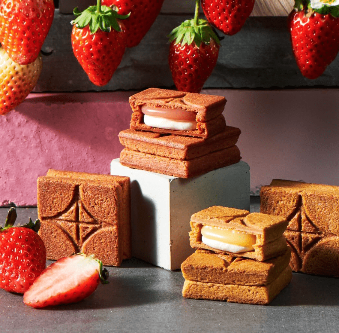 Close-up of PRESS BUTTER SAND Gift, Set of 2, 10 Pieces, featuring Amaou strawberry filling for rich taste