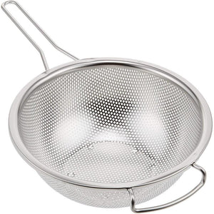 Durable Hand Held Punched Strainer with round-hole mesh, offering quick draining for home cooks