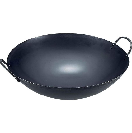 Close-up of Summit Two-Handled Iron Wok 27cm showing iron surface and craftsmanship