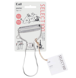 Close-up of Kai Moomin Peeler T‑Shaped Silver, showcasing durable stainless steel and Moomin design

