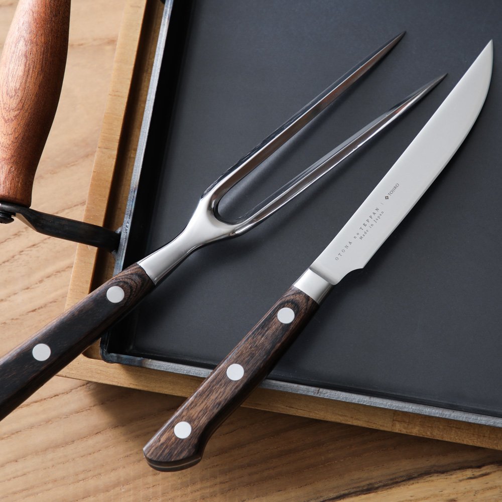 Japanese Steak Knife & Carving Fork Set, wood‑grain handle and matching fork perfect for serving